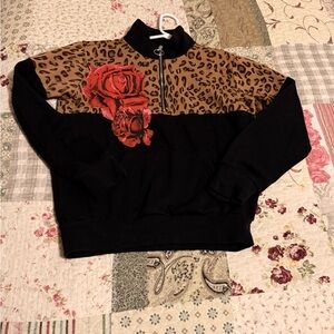 Leopard Print Black Sweater with Red Rose Design